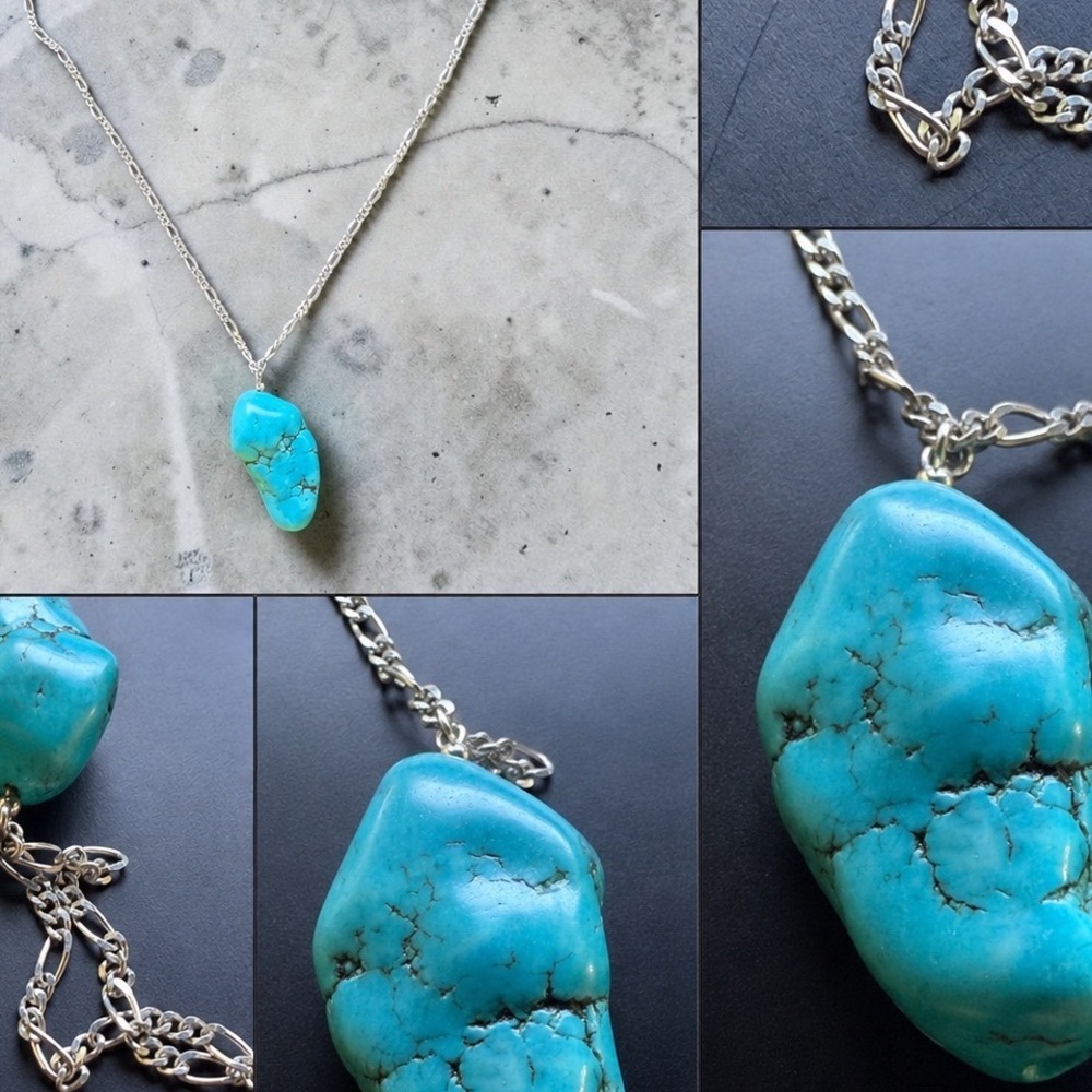 Sterling Silver 925 Turquoise Nugget Pendant Necklace 22 Inch Figaro Chain Blue